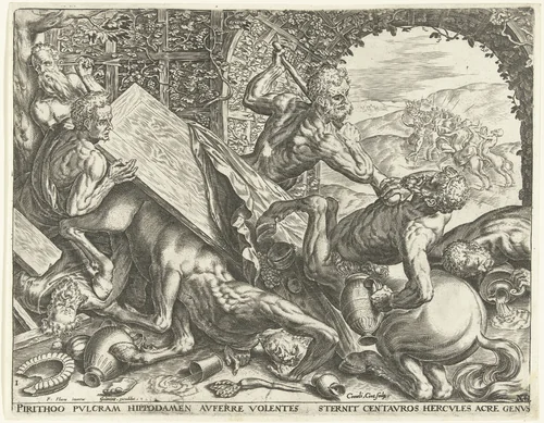 Hercules voorkomt de roof van Hippodamia door de centauren by Unknown, print, 1563-1595