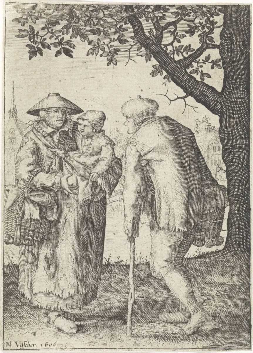 Man met wandelstok in gesprek met een vrouw met kind by anonymous, print, 1606