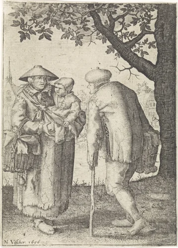 Man met wandelstok in gesprek met een vrouw met kind by anonymous, print, 1606