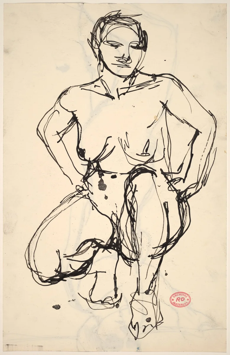 Untitled [squatting nude with her hands on her hips] [recto] by Richard Diebenkorn, drawing, 1955-1967