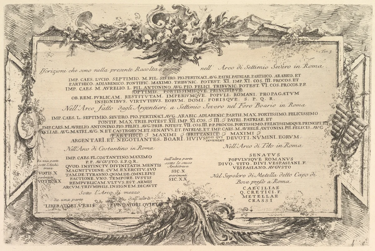 Plate 3: Inscriptions on Antiquities outside Rome with Index of Plates, from "Antichità Romane de' Tempi della Repubblica, e de' primi Imperatori" by Giovanni Battista Piranesi, print, 1743-1753