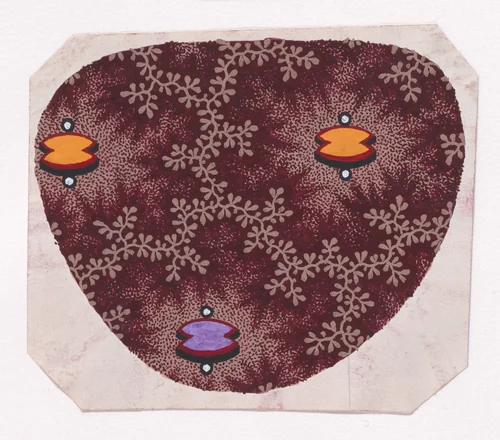 Textile Design with Alternating Rows of Curved Hourglass Shapes Flanked by Two Pearls Framed with Garlands of Stylized Leaves with Offsetting Thorns by anonymous, drawing, 1840