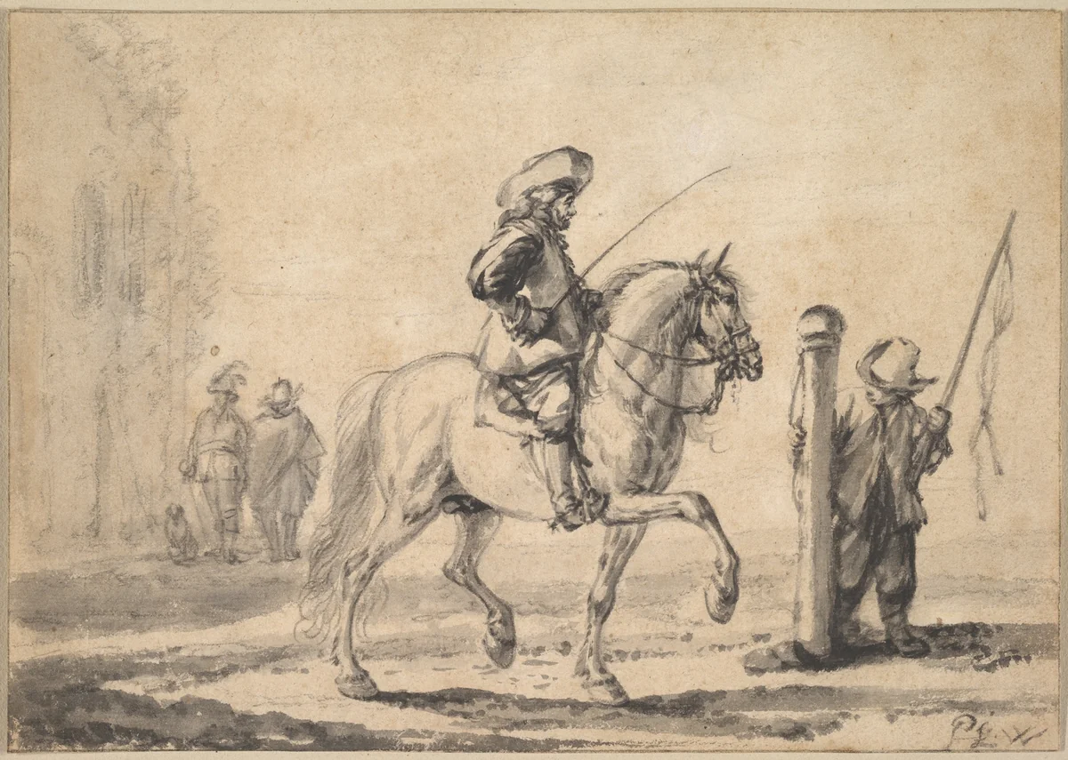A Mounted Grey Horse Being Schooled in Piaffe by Philips Wouwerman, drawing, 1646-1668