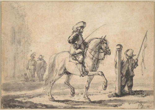 A Mounted Grey Horse Being Schooled in Piaffe by Philips Wouwerman, drawing, 1646-1668