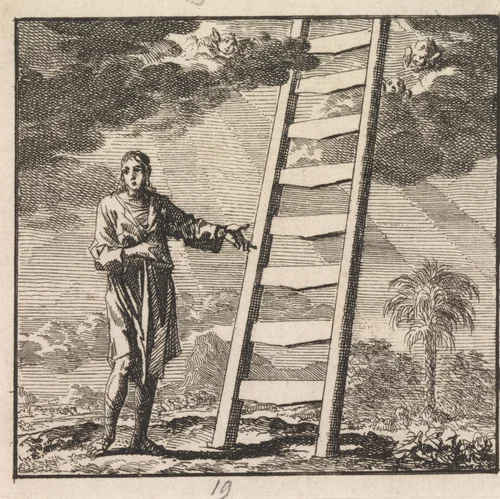 Man wijst op een ladder die tot in de hemel reikt by Jan Luyken, print, 1710