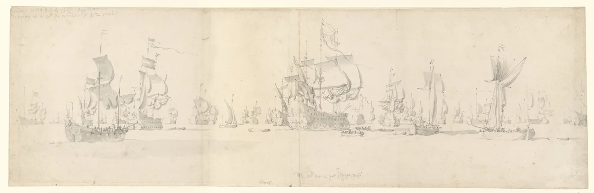 De Nederlandse vloot voor het vertrek naar Bergen, Noorwegen by Willem van de Velde, drawing, 1665