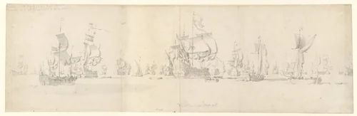 De Nederlandse vloot voor het vertrek naar Bergen, Noorwegen by Willem van de Velde, drawing, 1665