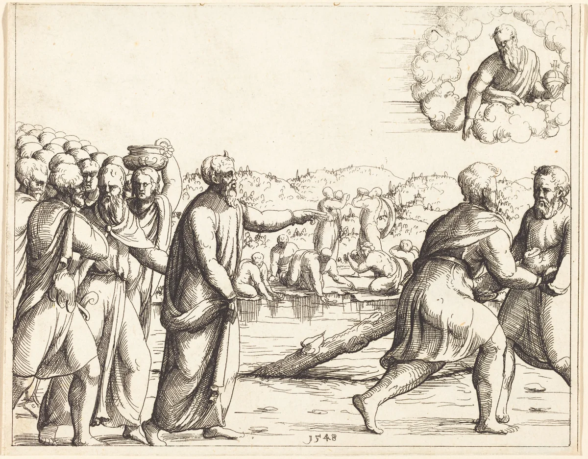 The Lord Sweetens the Waters of Marah by Augustin Hirschvogel, print, 1503-1553
