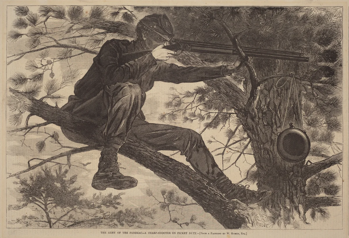 The Army of the Potomac - A Sharp-Shooter on Picket Duty by Winslow Homer, print, 1862