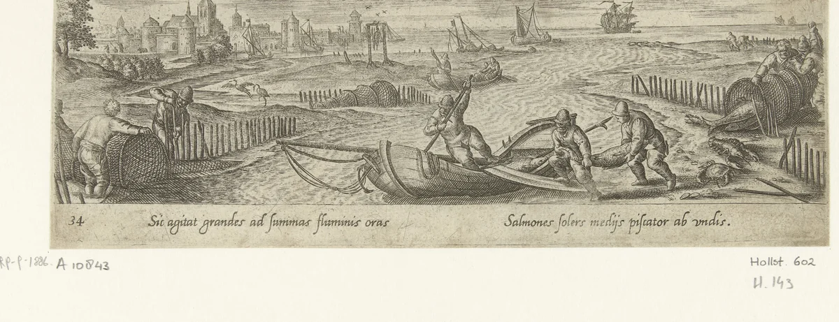 Visvangst met fuiken by Unknown, print, 1582-1633