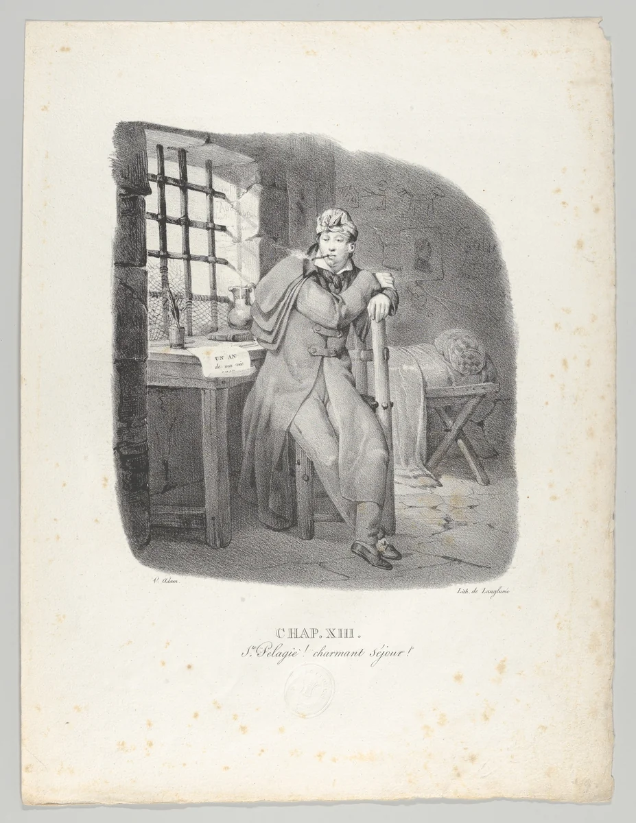 Chap. XIII: Ste. Pelagie! charmant séjour! (Sainte-Pélagie Prison, a charming stay!) by Victor Adam, print, 1824