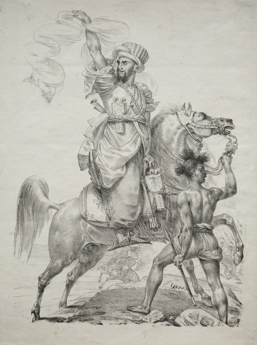 A Mameluke Chief on Horseback Signaling for Help by Antoine-Jean Gros, print, 1817