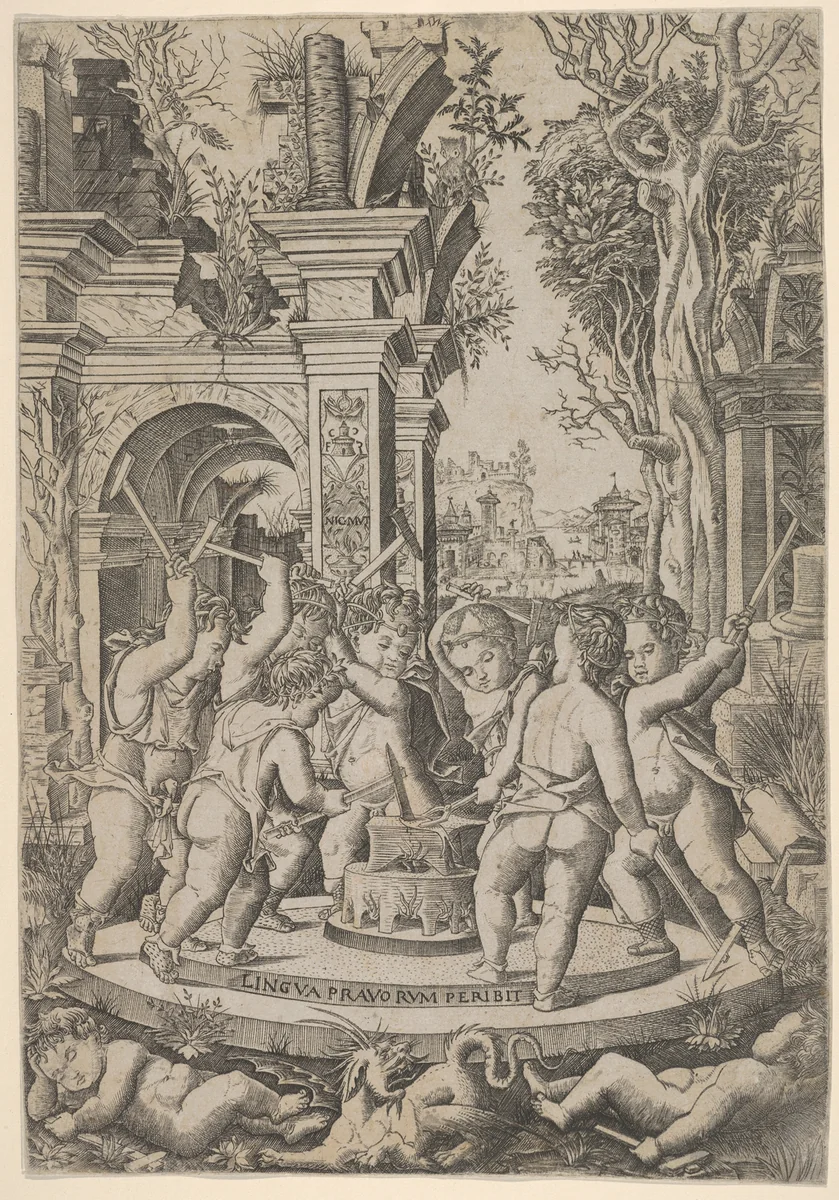 The fate of an evil tongue; seven putti stand around an anvil on which they hammer a tongue, landscape and architecture behind by Nicoletto da Modena, print, 1502-1512