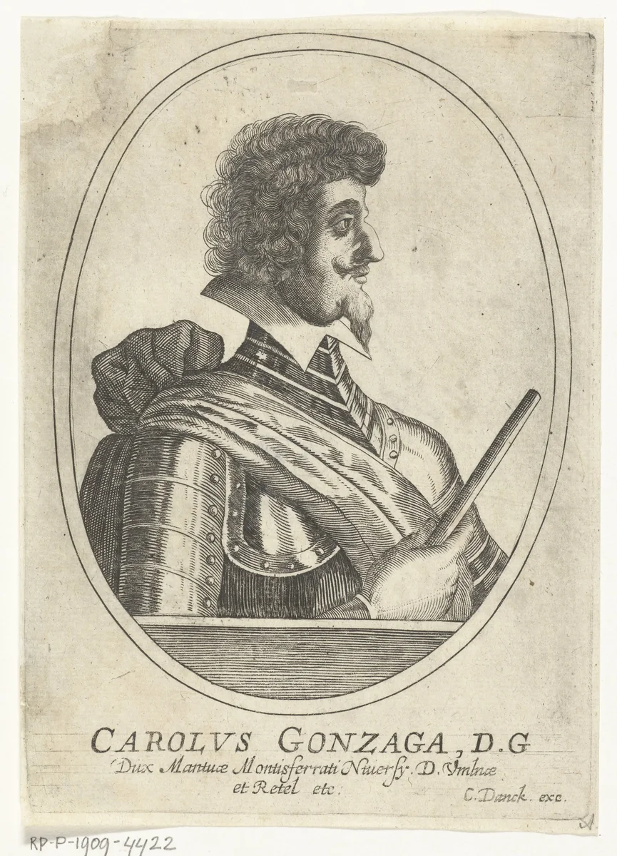 Portret van Carolus Gonzaga in ovaal by Cornelis Danckerts, print, 1613-1656