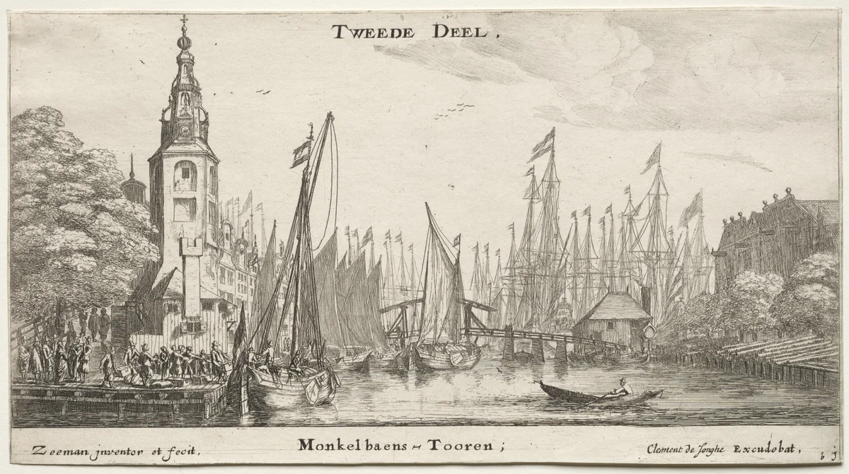 Various Ships and Views of Amsterdam (Verscheÿde Schepen en Gesichten van Amstelredam), Part II by Clement de Jonghe, print, 1652-1654