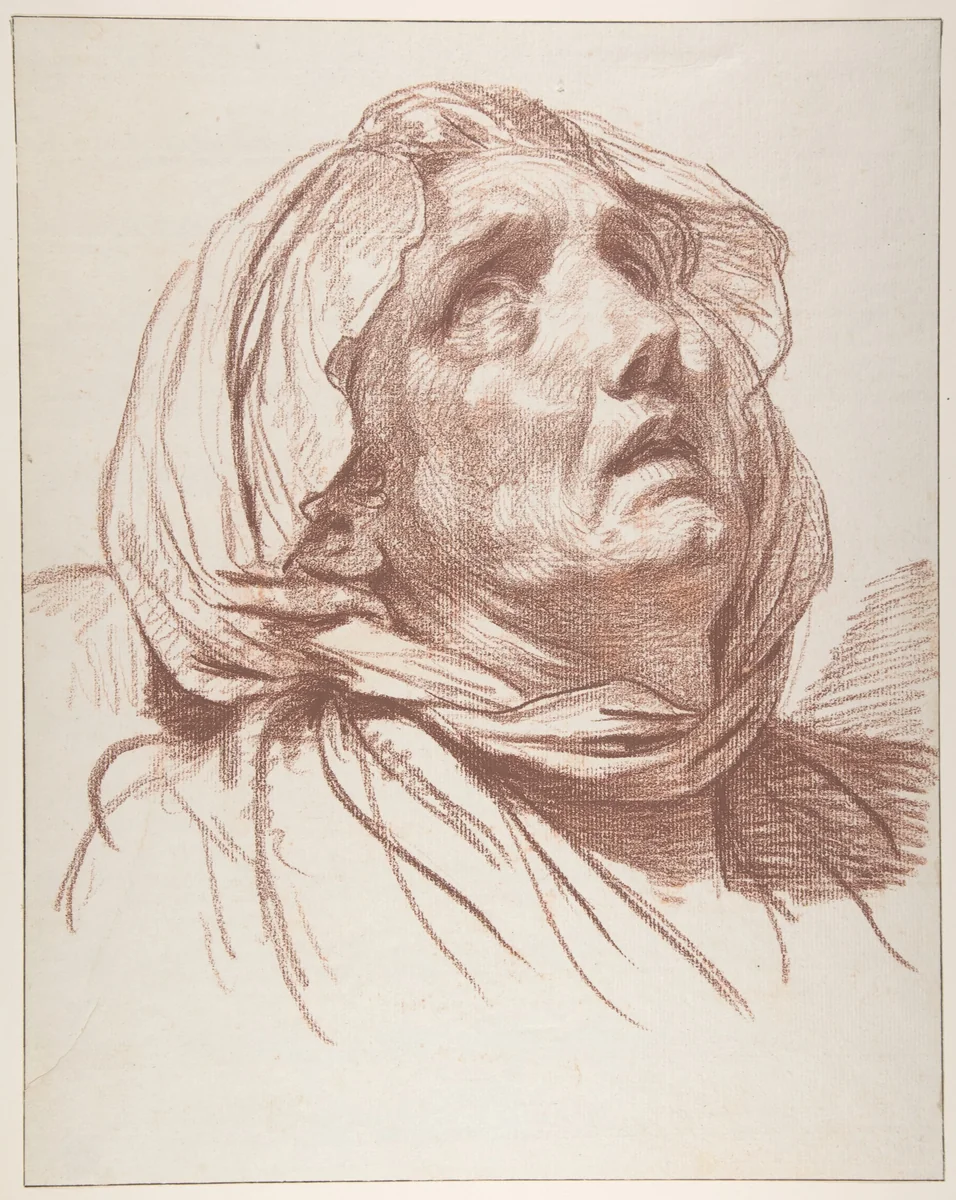 Head of an Old Woman Looking Up by Jean-Baptiste Greuze, drawing, 1758-1768