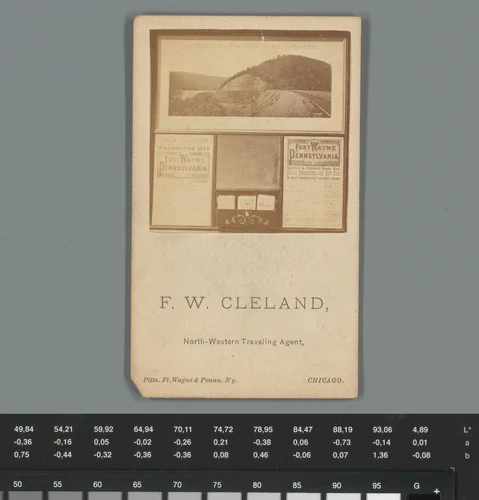Reclame voor een reisbureau van F. W. Cleland met fotoreproductie van een advertentie met gezicht op een treinspoor in Pennsylvania by anonymous, photograph, 1850-1915