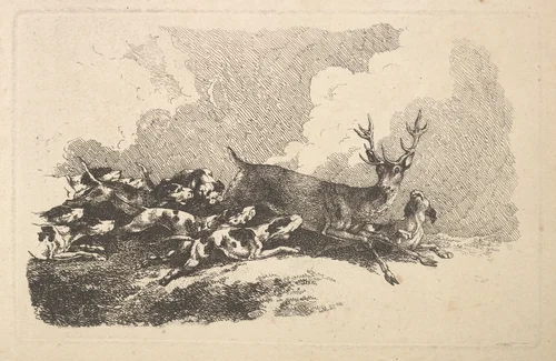 Hounds Hunting a Stag by Thomas Rowlandson, print, 1784-1788