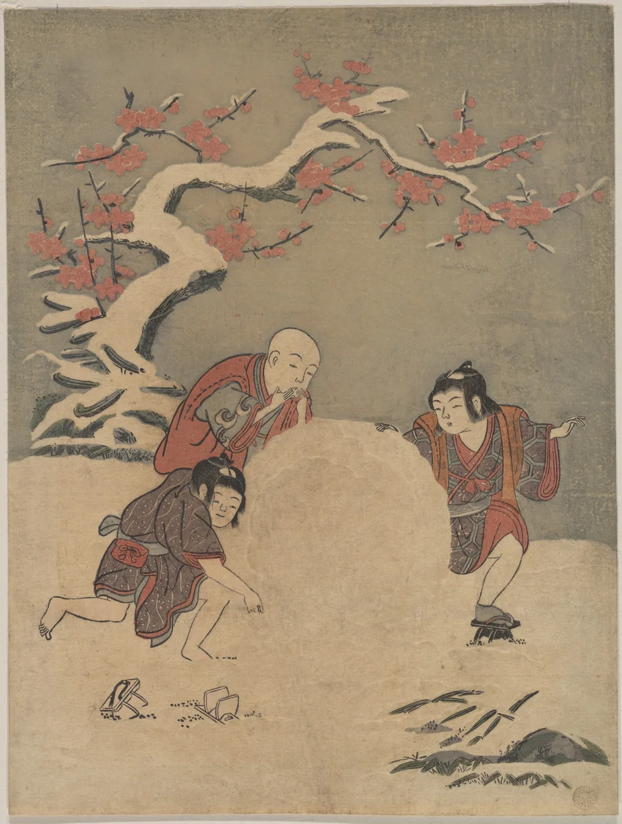 Three Boys Making a Snowman by Suzuki Harunobu (鈴木春信), print, 1767-1768