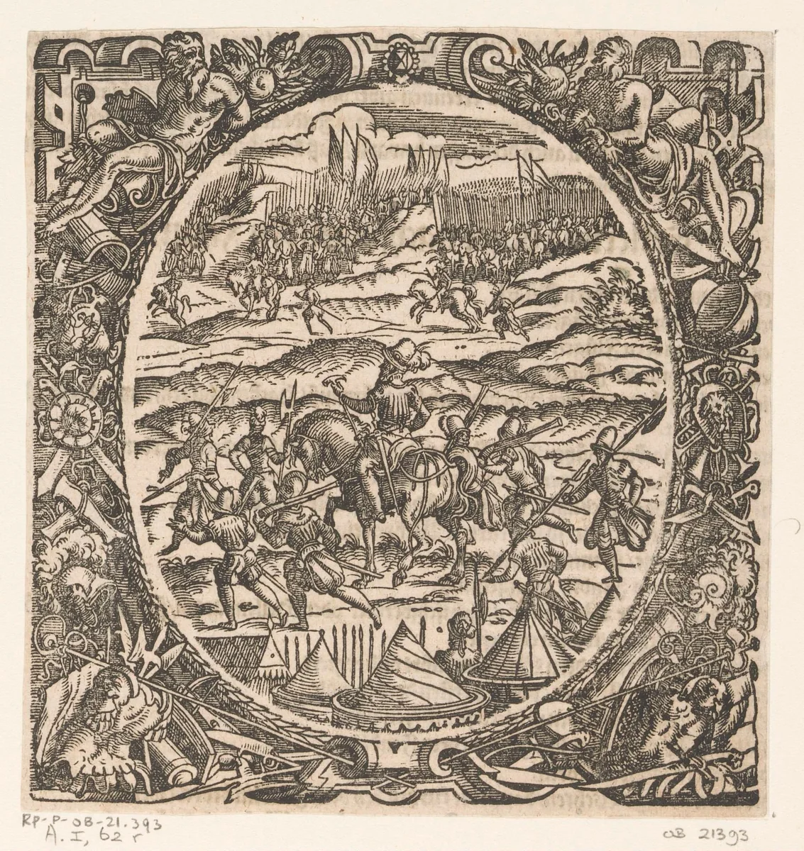 Officier te paard omringd door soldaten by Jost Amman, print, 1573