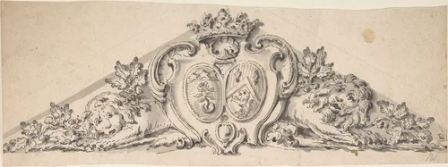 Design for Pediment with Two Heraldic Crests, Lions and a Crown by anonymous, drawing, 1700-1799