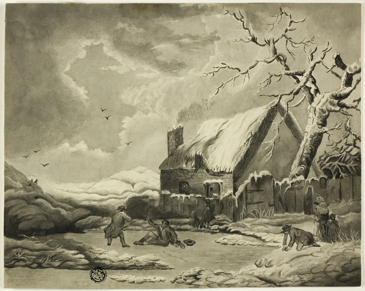 Winter Scene with People Outside a Cottage Near a Pond by Unknown Artist, drawing, 1800-1899