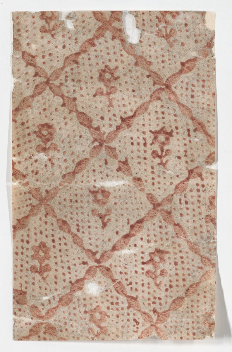 Sheet with overall lattice pattern with dots and flowers by anonymous, print, 1800-1900