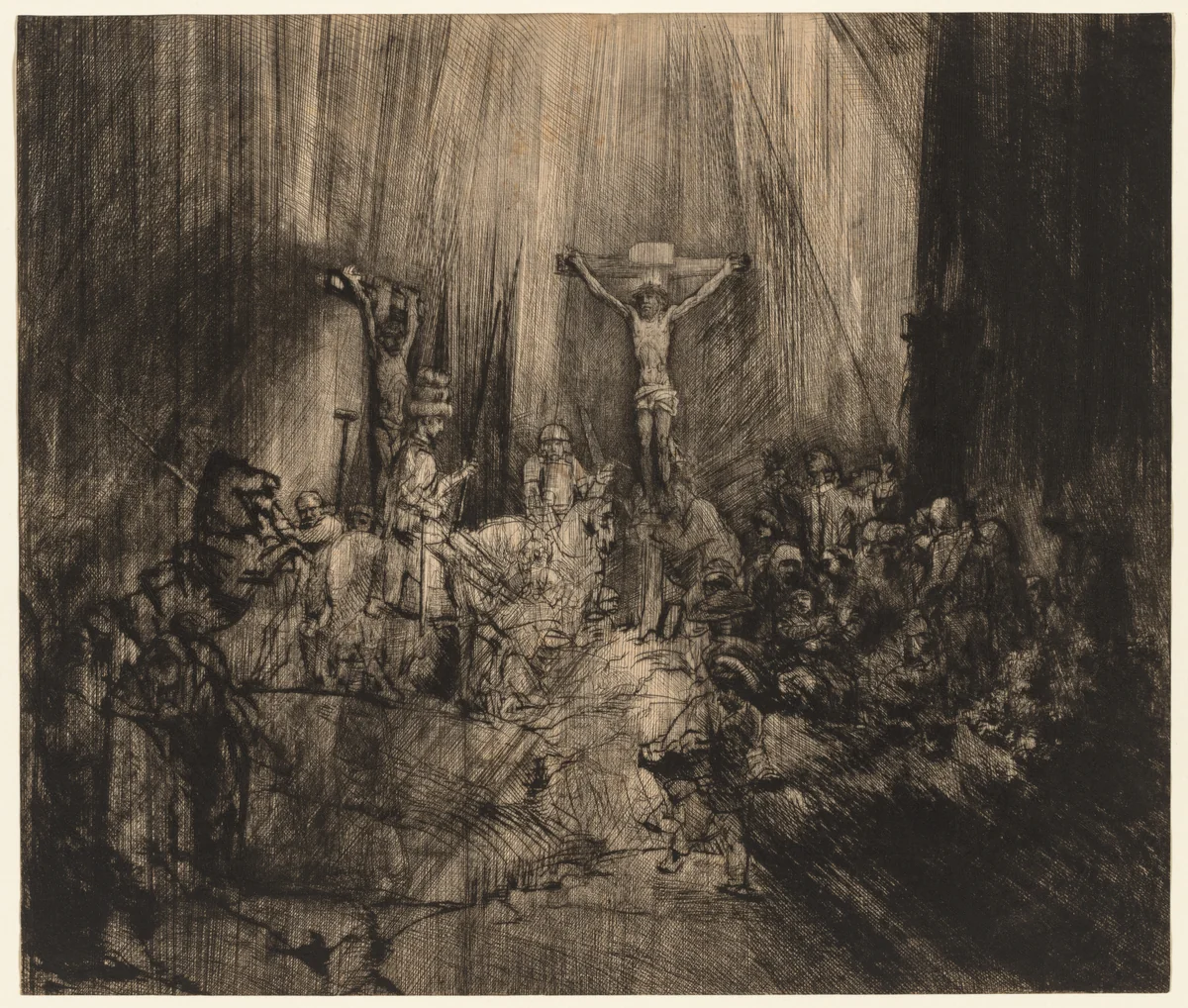 Christ Crucified Between the Two Thieves: 'The Three Crosses' by Rembrandt van Rijn, print, 1653-1665