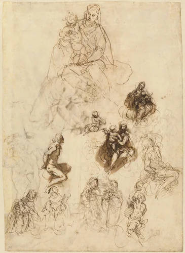 Studies of the Virgin and Child with Saints by Jacopo Palma il Giovane, drawing, 1606-1616