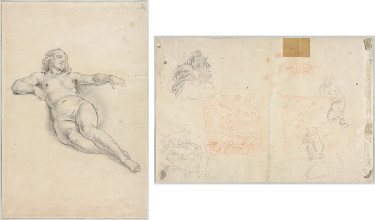 Reclining Female Nude (recto); Various Sketches of Figures and Plants (verso) by anonymous, drawing, 1800-1899