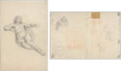 Reclining Female Nude (recto); Various Sketches of Figures and Plants (verso) by anonymous, drawing, 1800-1899