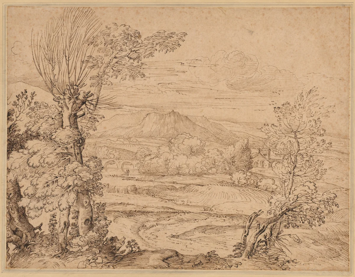 Landscape with a River and Aqueduct by Giovanni Francesco Grimaldi, drawing, 1625-1680