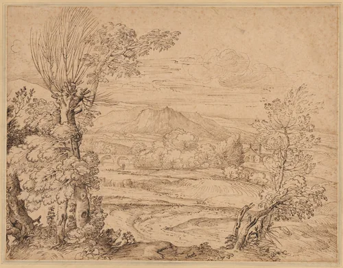 Landscape with a River and Aqueduct by Giovanni Francesco Grimaldi, drawing, 1625-1680