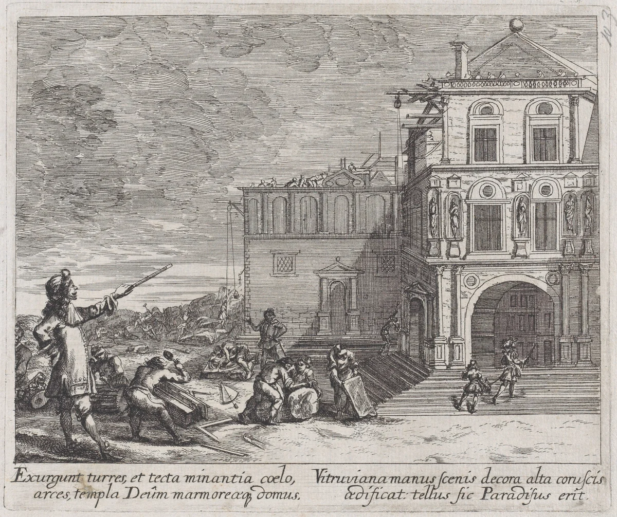 Scene showing the construction of a building by Melchior Küsel, print, 1665-1675