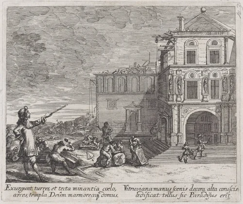 Scene showing the construction of a building by Melchior Küsel, print, 1665-1675
