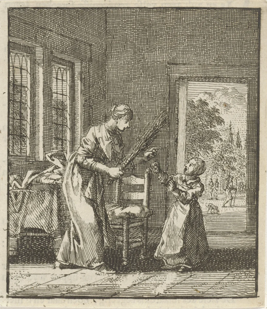 Moeder dreigt haar kind te straffen met roedeslagen by Jan Luyken, print, 1712
