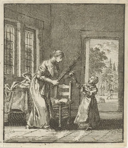 Moeder dreigt haar kind te straffen met roedeslagen by Jan Luyken, print, 1712