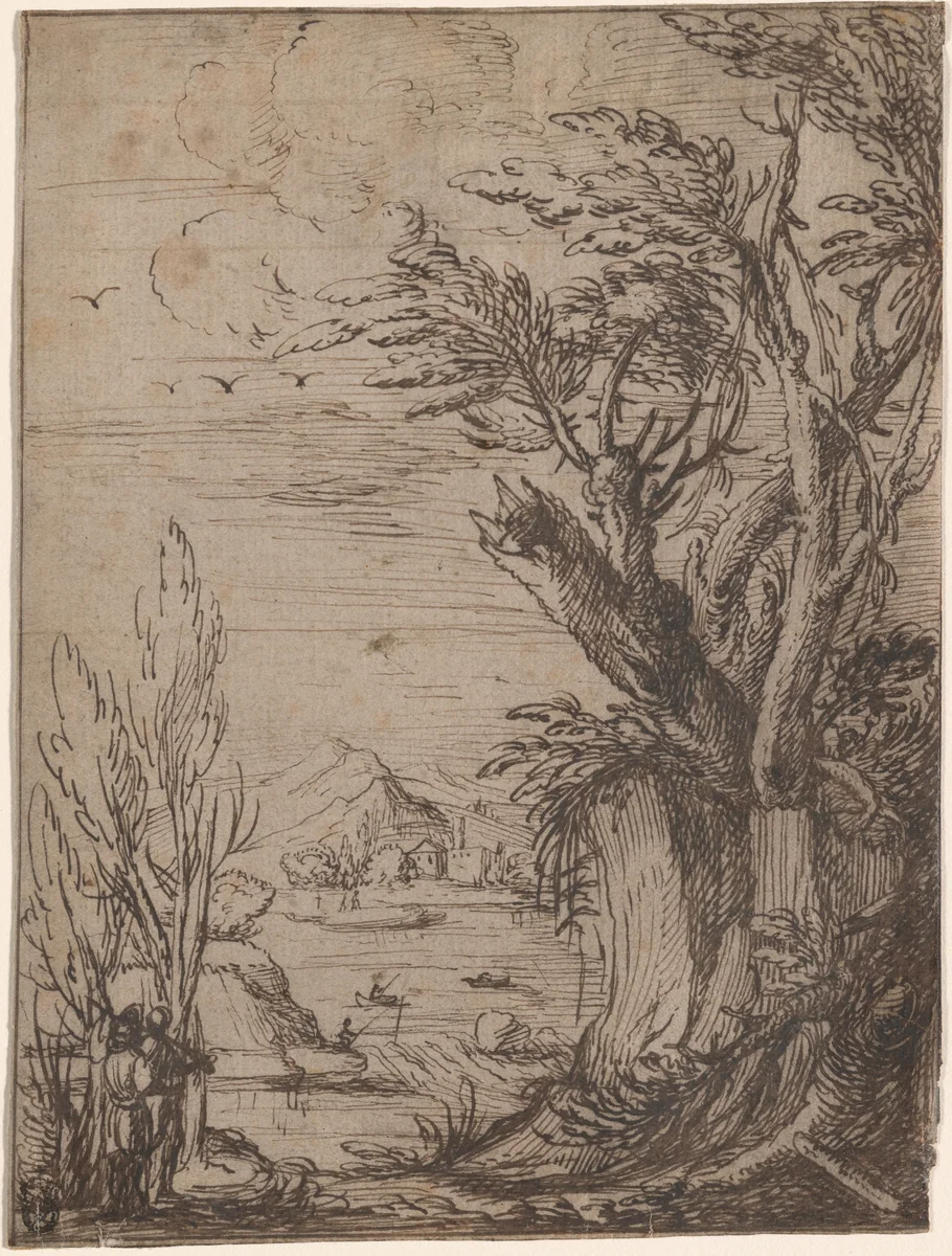 Landscape with Gnarled Trees and Fisherman by Jacques de Gheyn III, drawing, 1620