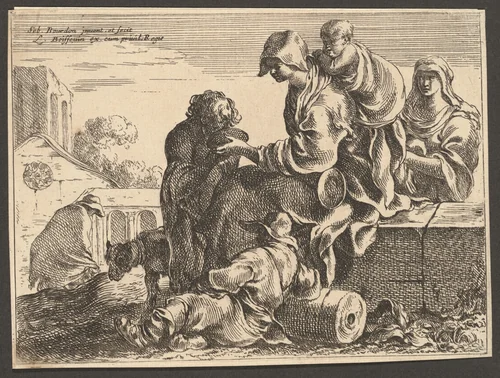 A Drinking Child with Resting Peasants by Sébastien Bourdon; Louis Boissevin, print, 1636-1640