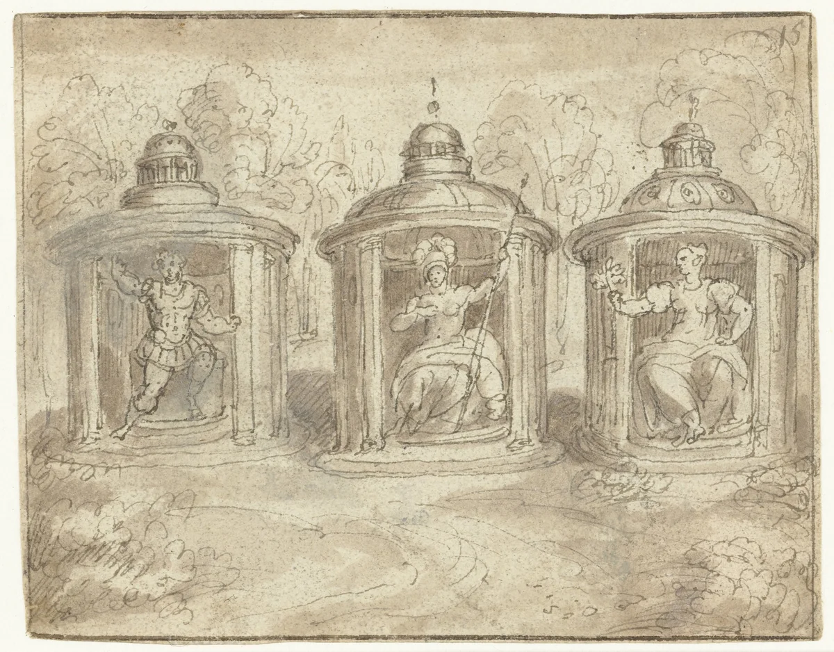 Mars, Pallas Athena en Victorie by Jan Snellinck, drawing, 1575-1580