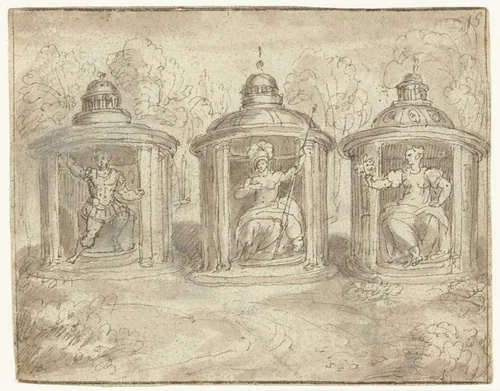 Mars, Pallas Athena en Victorie by Jan Snellinck, drawing, 1575-1580