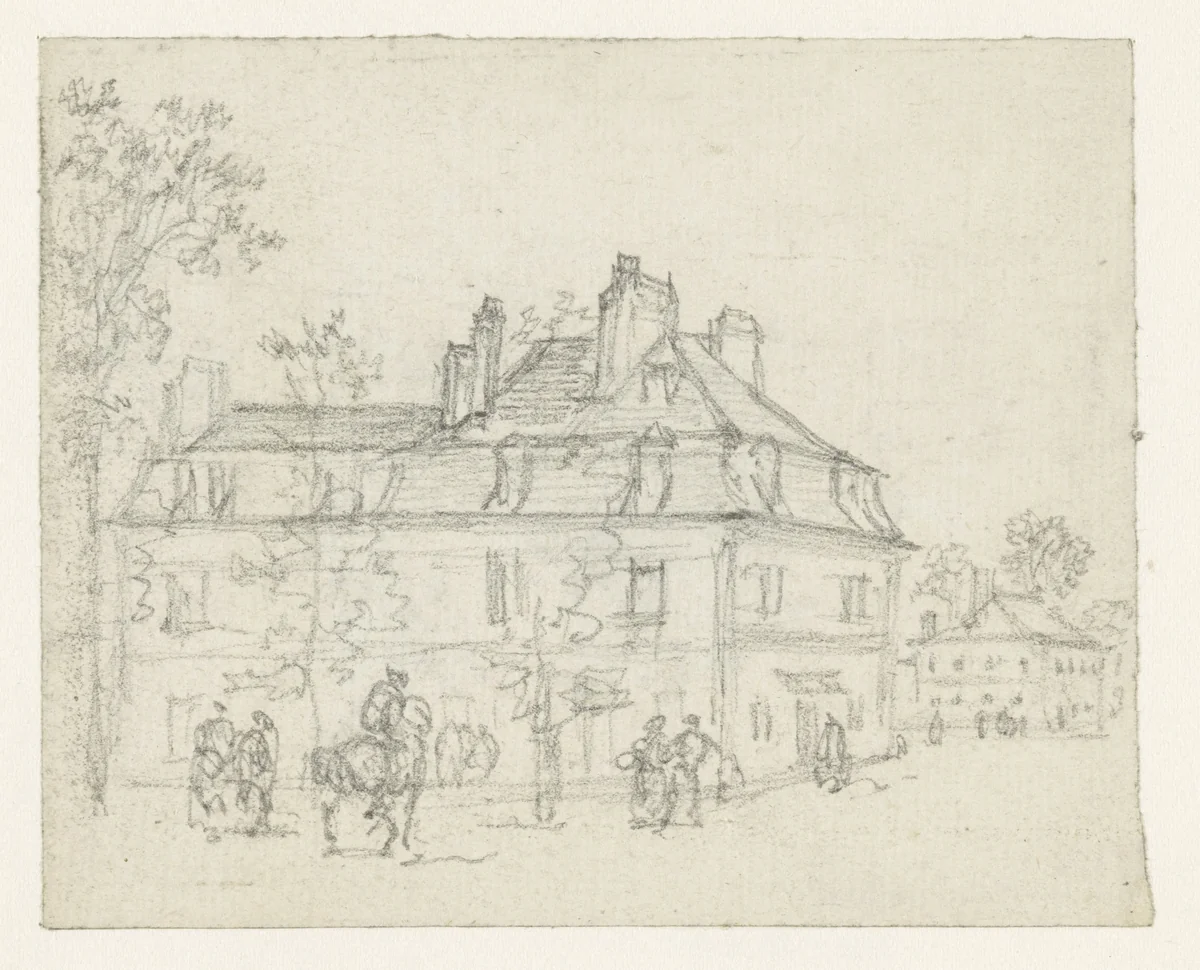 Drie ruiters bij een huis met hoog, gebroken dak by Georges Michel, drawing, 1773-1843