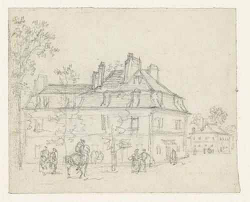 Drie ruiters bij een huis met hoog, gebroken dak by Georges Michel, drawing, 1773-1843