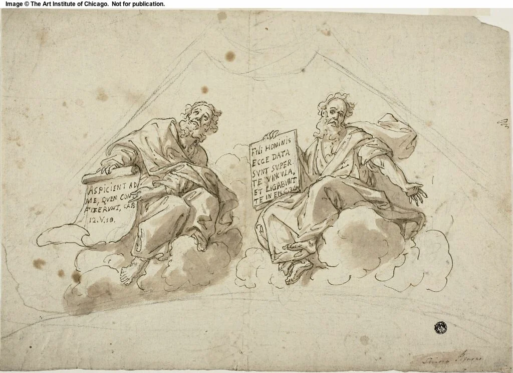 Spandrel with Two Prophets (recto); Outstretched Right Hand; Two Kneeling Figures (verso) by Simone Pignoni or Gerbrand van den Eeckhout, drawing, 1600-1699