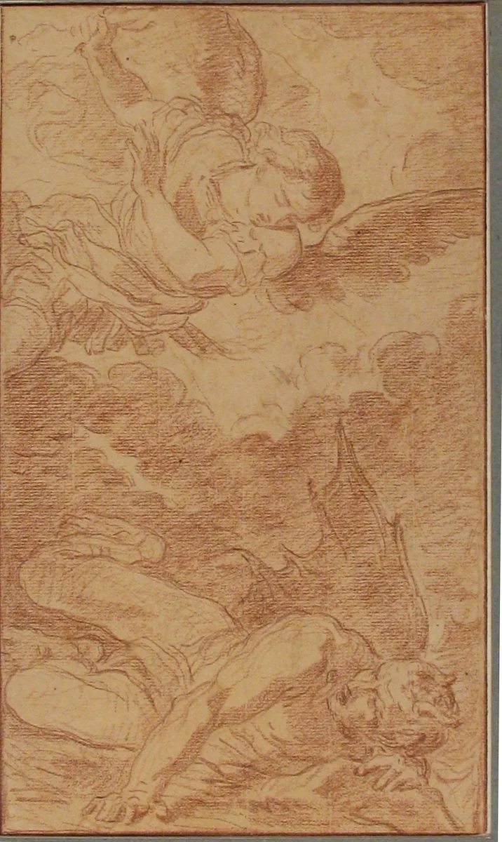 St. Michael Casting Down Lucifer, after Pier Francesco Mola by Louis Jean Jacques Durameau, drawing, 1745-1796