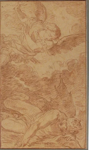 St. Michael Casting Down Lucifer, after Pier Francesco Mola by Louis Jean Jacques Durameau, drawing, 1745-1796