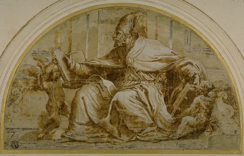Seated Church Father (Saint Augustine?) with Putti by Pietro Buonaccorsi, drawing, 1580-1599