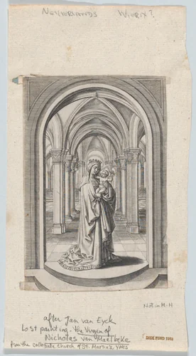 Virgin and Child in a Church, also known as the Van Maelbeke Virgin by Wierix, print, 1570-1590