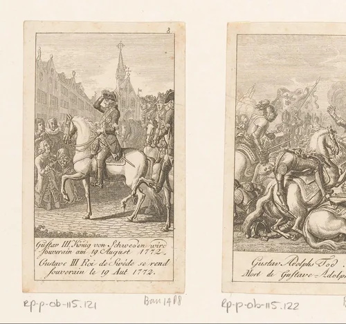 Gustaaf III van Zweden op zijn paard by Daniel Nikolaus Chodowiecki, print, 1790