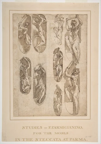 Nine Studies of the Moses in Santa Maria della Steccata, Parma (recto); Nine Studies for the Eve in Santa Maria della Steccata, Parma (verso) by Parmigianino, drawing, 1503-1540